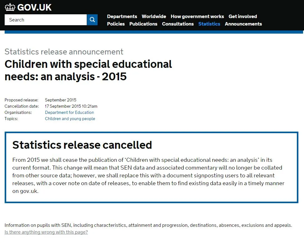 The DfE’s response to the cancellation of ‘Children with special needs: an analysis – 2015’