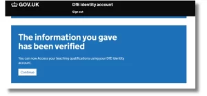 A screenshot of DfE identity login - information has been verified