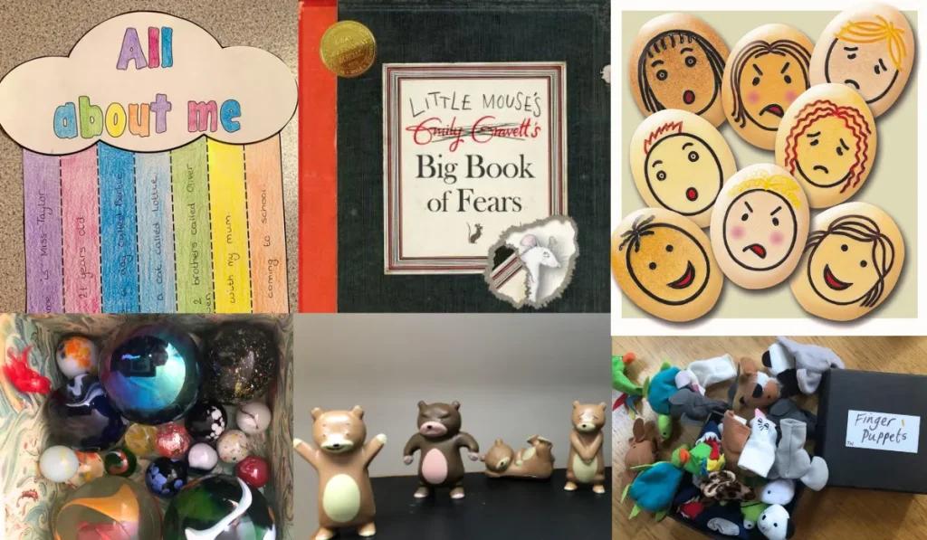 A group of images showing a book, emotion stones, puppets, marbles and an all about me rainbow