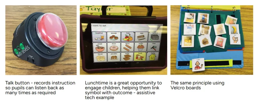 three images showing a talk button allowing you to record and listen back to instructions, an ipad with symbols on and a velcro PECS board