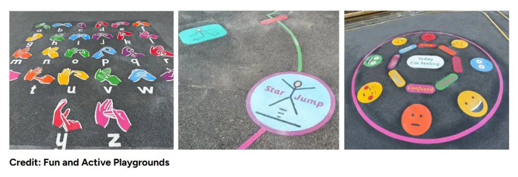Inclusive playground design showing pictures of sign language next to letters of the alphabet, Widgit symbols for actions like jump and emotions painted on the floor