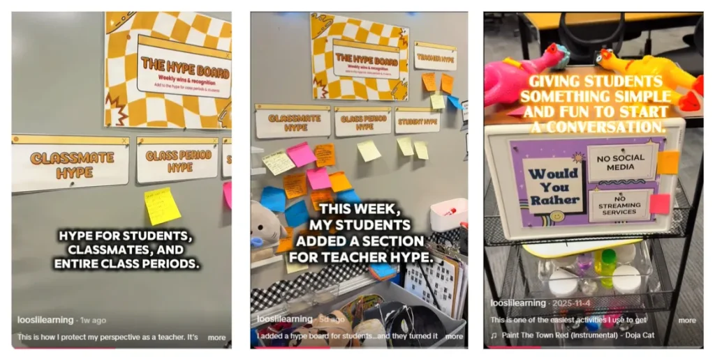 Three screenshots showing a classroom hype board and conversation starter idea