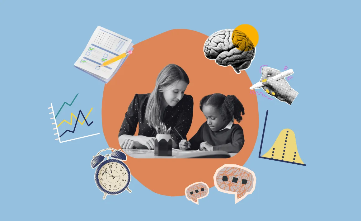 A primary school aged child sitting with a teacher to do a psychometric test